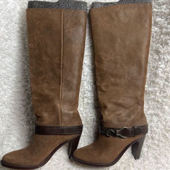 COLE HAAN Nike Air  Brown Leather Knee High heels Boots buckle belt accent SZ9B - Picture 1 of 13